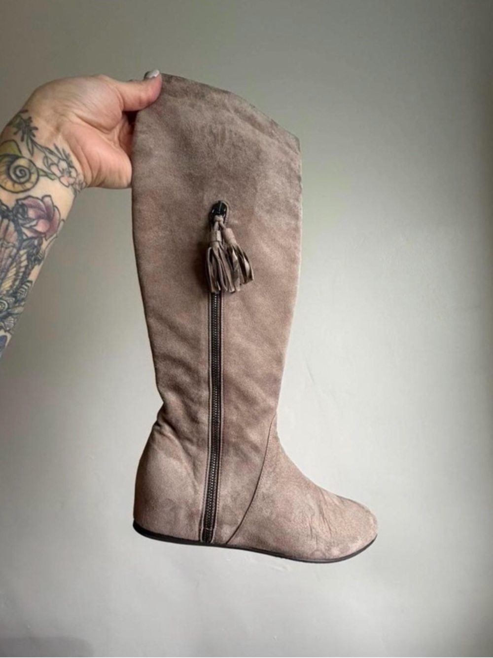 Stuart Weitzman Taupe Suede Over-the-Knee Tassel Boots